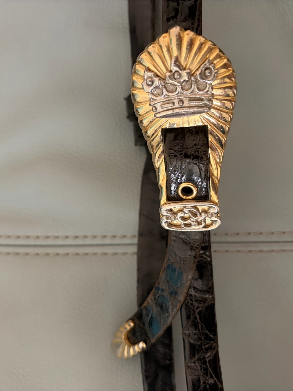 Judith Leiber Black Patent Leather Belt with Gold Crown Buckle
